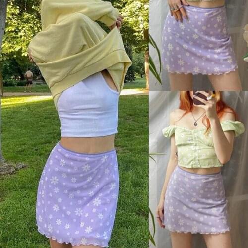 SKMY Women Clothing New Lace Patchwork Purple Flower Print High Waist Sexy Mini Skirt Harajuku Fashion Girls Skirt Clubwear