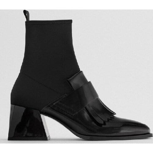 Womens Boots 2020 New Style Square Toe Soft Socks Thick Heel Martin boots HIGH HEELS SHORT BOOTS British style thin boots