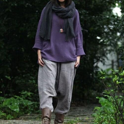 Johnature Women Cotton Linen T-Shirts Original 2021 Autumn New Long Sleeve Tops Loose Whiter Purple Casual Women T-Shirts