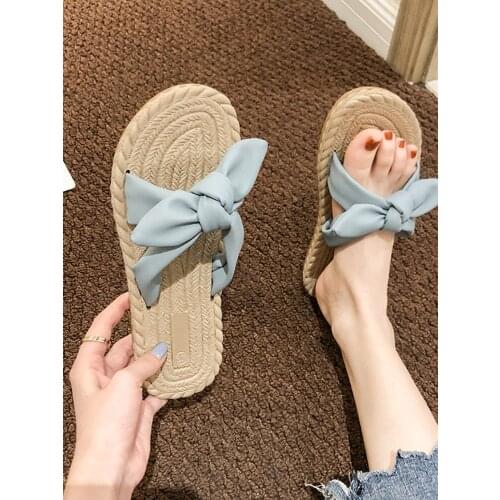 2021 summer new bowknot womens slippers wild casual fashion flat-bottomed net red sandals and slippers