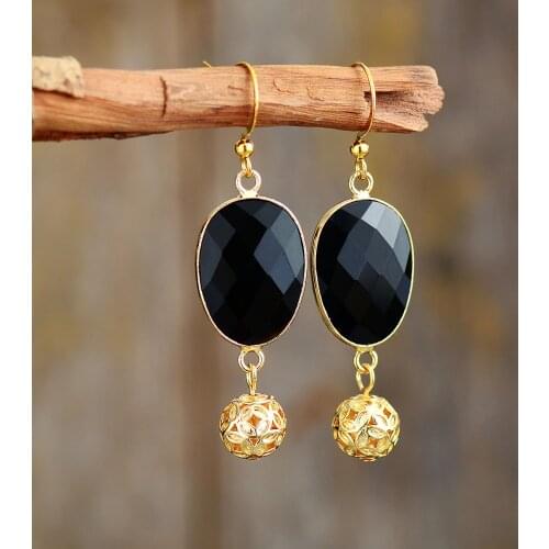 Women Black Onyx Drop Earrings Jewelry Gemstones Gold Tone Charm Dangle Earring Designer Jewelry Wholesale Dropshipping