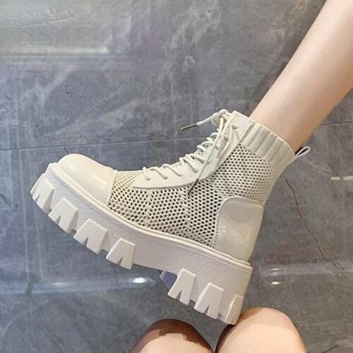 New summer Women Sandes Breathable Mesh Lace Up Gothic Combat Ankle Boots Woman Shoes Womens Platform Heels