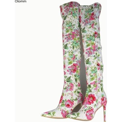 Olomm Handmade Women Thigh High Boots Sexy Stud Stiletto Heels Pointed Toe Gorgeous White Flower Party Shoes Women US Size 5-15
