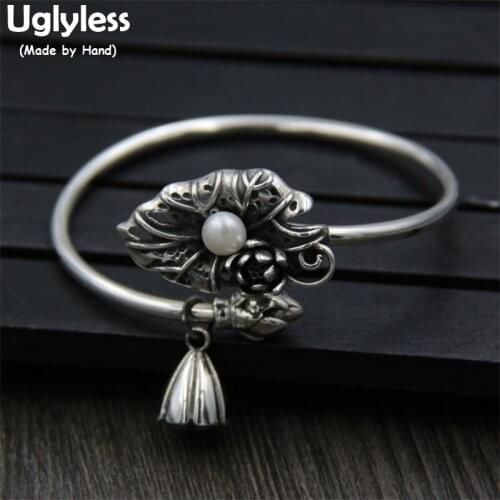Uglyless Real S 925 Sterling Silver Women Elegant Pearl Bangles Handmade Carved Lotus Leaf Charms Bangle Vintage Ethnic Jewelry