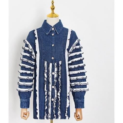 Women Top Coat Autumn Fashion Temperament Commuting Lantern Sleeve Wood Ear Edge Splicing Denim Short