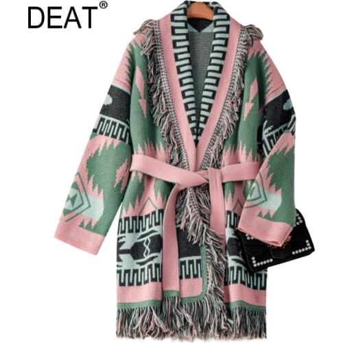 DEAT Cardigan Wool Kniited Sweater Women Bohemian Colorful Print Lacing Tassel Loose Full Sleeve 2021 New Autumn Fashion TU530