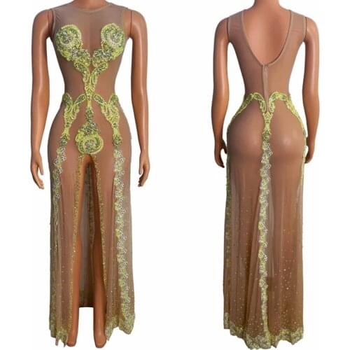 Mesh Sleeveless Dresses Women Mermaid Dress Slim Stretch Split Dress Birthday Celebrate Wear Stage Performance Costumes XS1057