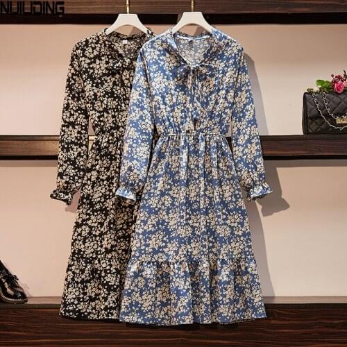 NIJIUDING Women Vintage Chiffon Dress 2020 Autumn Spring Female Vestido Long Sleeved Printed Floral Elastic Waist Casual Dresses