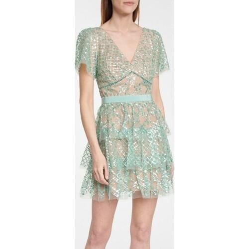 2021 Summer New Arrive Light Green Color Women Mini Dress Short Sleeve V Neck Sequins Dress