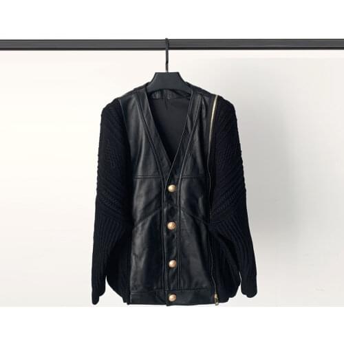 2021 Spring New Leather Leather Jacket Female Korean Sheep Skin Stitching Knitted Thin Coat V-neck Leather Jacket High Quality