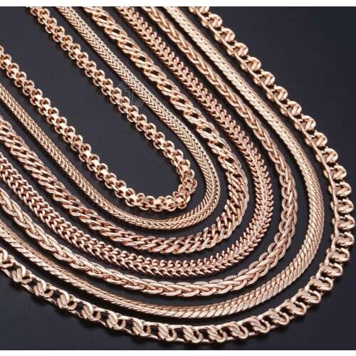 7Pcs/Lot Womens Necklaces 585 Rose Gold Filled Braided Foxtail Hammered Wheat Cuban Weaving Bismark Link Chain Wholesale LCNN1A