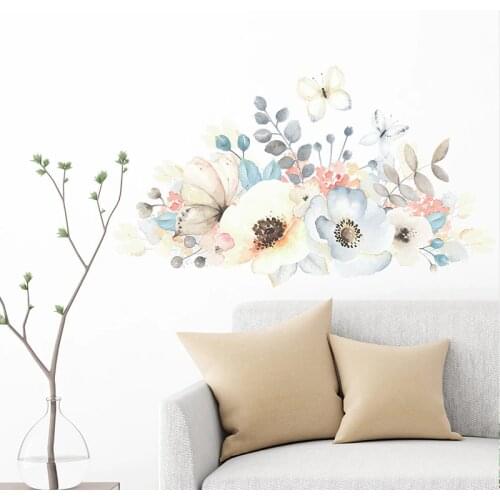 Watercolor Elegant Flowers Wall Stickers for Living Room Bedroom Wall Decals Leaves and Butterfly PVC Stickers Removable Decor