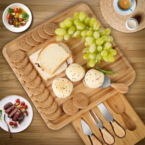 Bamboo Cheese Board Cutlery Knife Set w/ Slide Out Drawer 4 Knives Sets Cooking Tools Cheese Knife Cheese Slicer Fork Scoop Cut