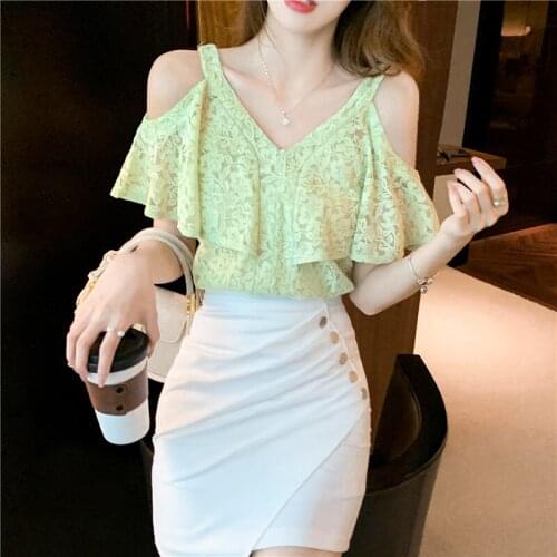 Summer Fashion Elegant Blouse Short Sleeve Chiffon Shirt Women V-neck Womens Shirt Ruffle Lace Hollow Top Feminine Blouse