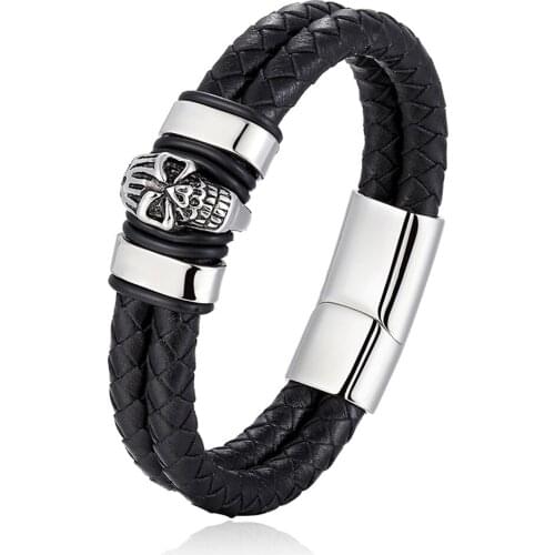 LAMEMDEE Gothic Smile Skull Leather Bracelet Men Vintage Bangles Stainless Steel Accessories Personality Male Punk Jewelry Gifts