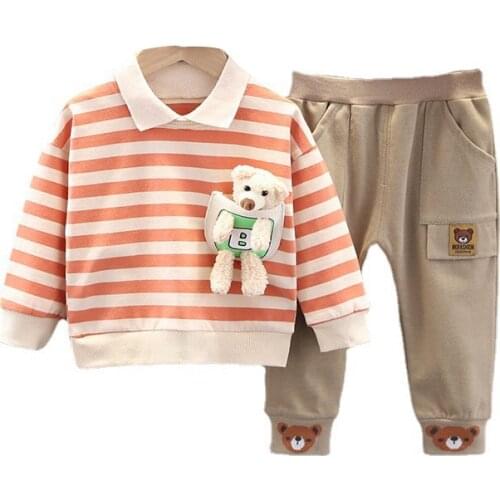 Childrens unisex suit 2021 spring and autumn men and women baby striped lapel cartoon top + bear two-piece casual trousers