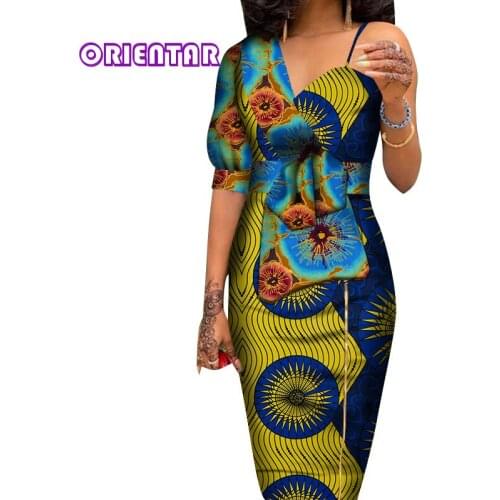 Women African Dress Bazin Riche Wax Print Ankara Dresses African Clothes Elegant Bodycon Penciled Mid-Calf One-Shoulder WY6168