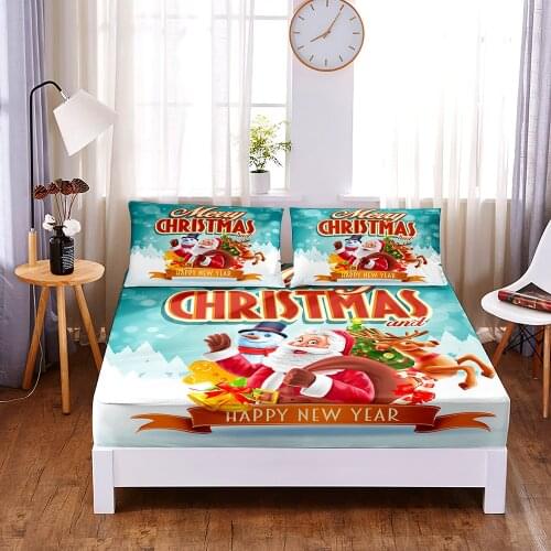Merry Christmas Digital Printed 3pc Polyester Fitted Sheet Mattress Cover Four Corners with Elastic Band Bed Sheet Pillowcases