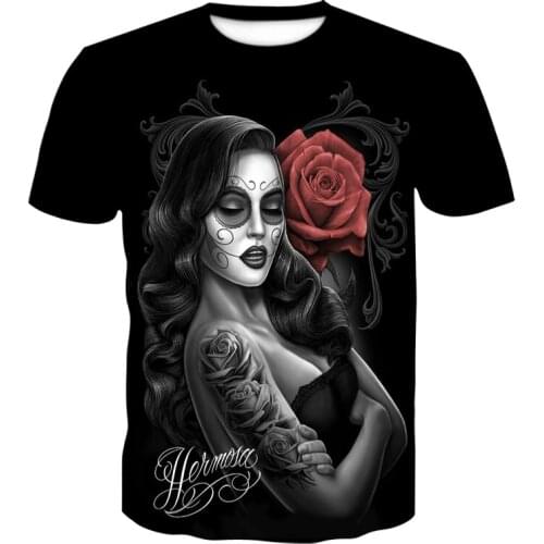 Horror Mens T-shirt Mens Fun 3D Shirt Skull O-Neck T-shirt Black Tops Summer Fashion Short Sleeve Punk Style Streetwear