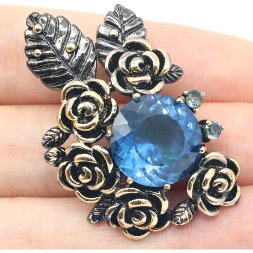 45x30mm 2021 Bohemia Design Vintage 18g Created London Blue Topaz Street Jewelry Black Gold Silver Pendant