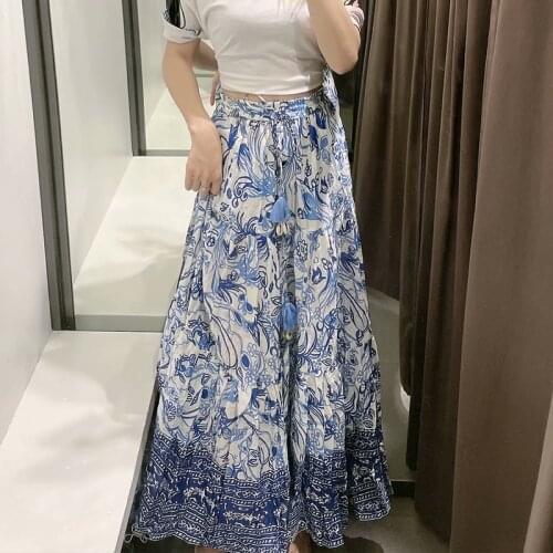 2021 Summer Womens Skirt Drape Long Loose White Blue Print Elegant Casual Elastic High Waist Korean Style Vintage Clothes