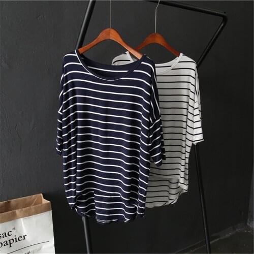 Oversized Modal Women T-shirts 2021 Summer New O-neck Striped Loose Casual All Match Female Pulls Tops Tees