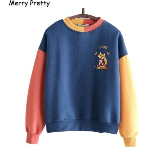 Merry Pretty Women Cartoon Fox Embroidery Patchwork Hoodies Sweatshirts 2020 Winter Long Sleeve O-Neck Plus Velvet Pullovers