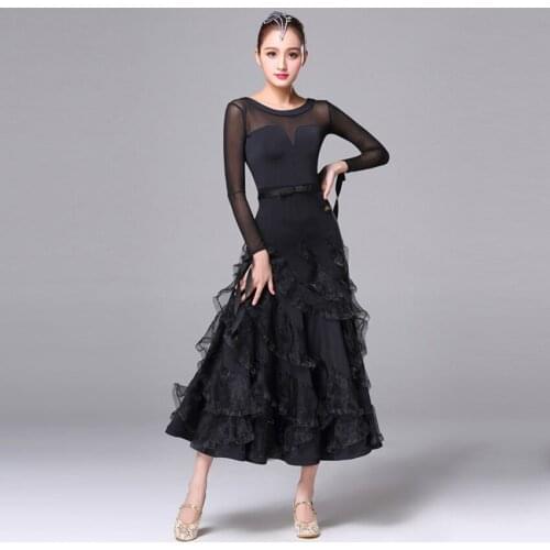 Womens Performance Big Swing Ballroom Dance Dresses Long Sleeve Modern Waltz Tango Smooth Ballroom Dance Dress Standard Ballro