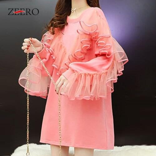 Spring Korean Fashion Dresses for Women Round Neck Long Sleeve Letter Splicing Lace Pleated Ruffle Loose Mini Dress Plus Size