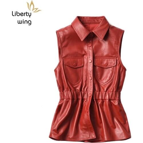 Autumn Women Elastic Waist Sleeveless Waistcoat Pockets Sheepskin Genuine Leather Vest Outwear Tops Suits Single Breasted Jacket