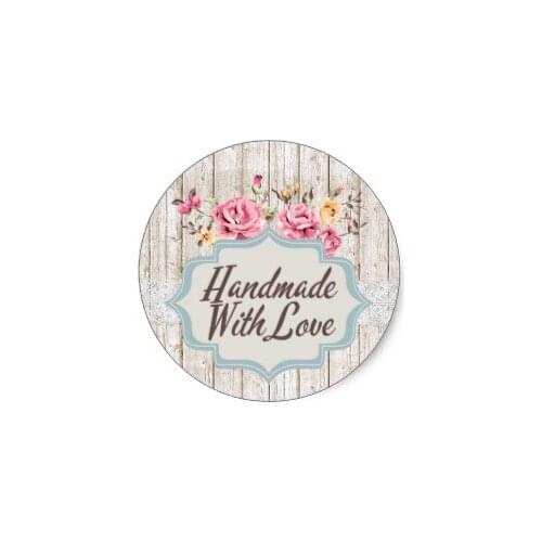 3.8cm Handmade With Love Shabby Chic Floral Rustic Wood Classic Round Sticker