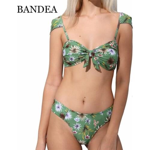 BANDEA Women Bikini Green Floral Print Swimwear Summer Push Up Swimsuit Brazilian Bow-knot Bathing Suit Sexy Backless Biquini