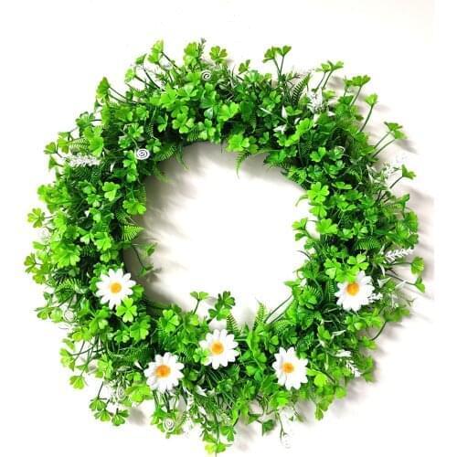 White Little Daisy And Green Four Leaf Clover Artificial Flower Wreath For Home Decoration Christmas New Year 2021