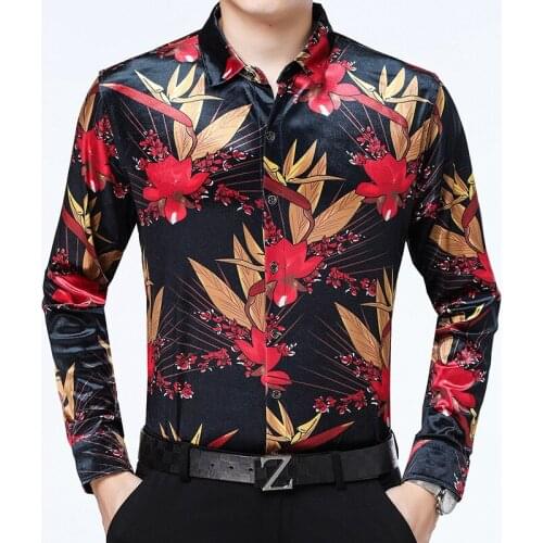 Flower Shirts Mens Dresses Large Sizes Velour Shirts Mens Flanel Shirts Mens European Clothing Floral Printed Velvet Blouse Red