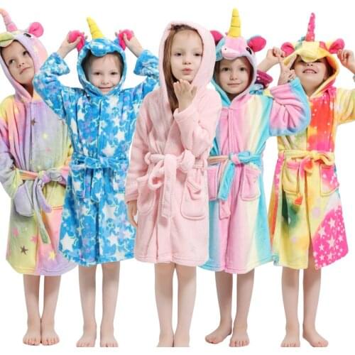 Kids Bathrobe Childrens Unicorn Robe Hooded Sleepwear Flannel Baby Pyajamas Boys Girls Bathing Suit Dressing Gown Night Robe