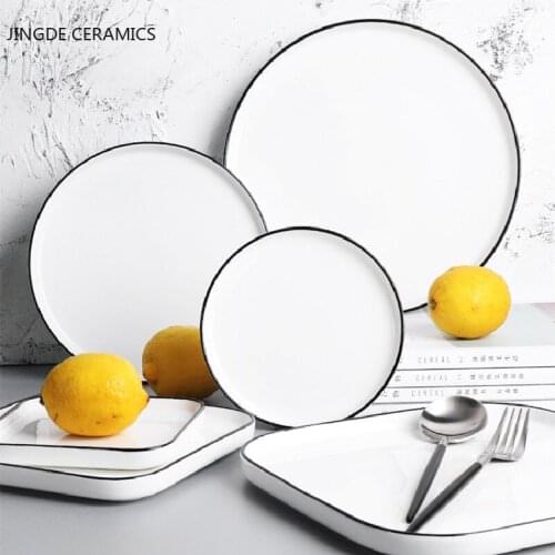 Nordic Style Black Border Ceramic Flat Plate Household Round Dessert Porcelain Kitchen Tableware Dinner Plates Dinnerware