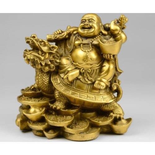 China brass Maitreya Buddha sit Dragon Turtle Wealth crafts Statue