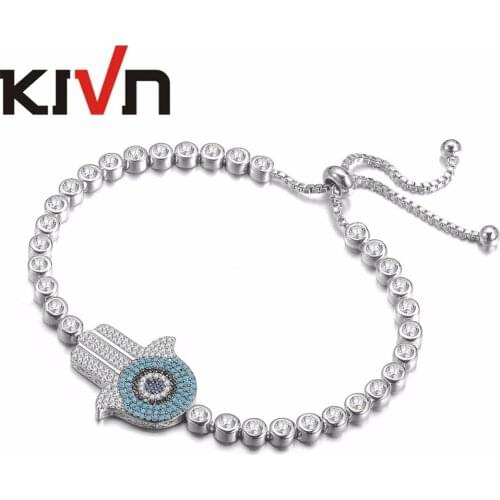 KIVN Fashion Jewelry Adjustable Hamsa Hand Blue eye Pave CZ Cubic Zirconia Womens Girls Wedding Bridal Bracelets Birthday Gifts