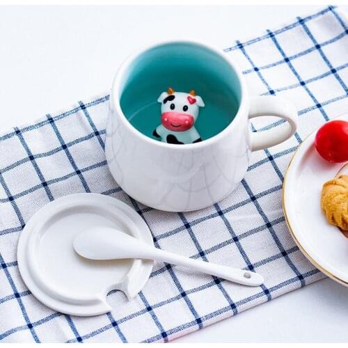 Creative Ceramic Coffee Mugs Cute Animal Cartoon Water Tea Cups with Lid Spoon Lovers Breakfast Milk Coffeeware Drinkware