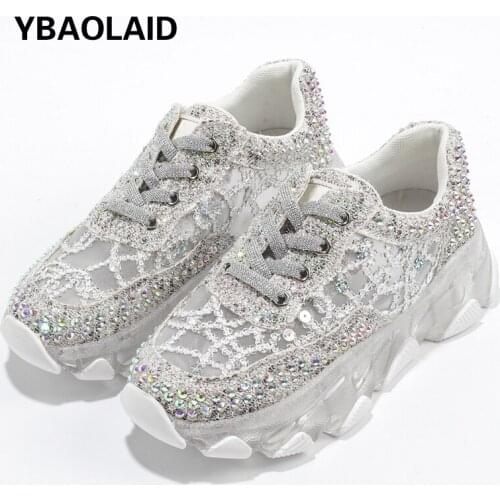 Breathable Mesh with Rhinestones To Increase The Thick-soled Old Shoes Summer New Round Toe Lace-up Platform Heel Sneakers