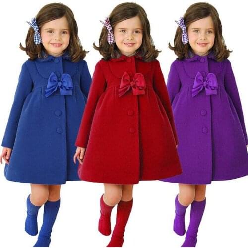 New Autumn and Winter Girls Coat Kids Warm Wool Jacket with Bow Fashion Kids Clothes