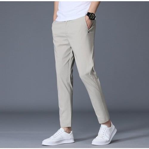 Ankle Length Ice Silk Men Trousers Black Khaki Korea Thin Summer Casual Suit Pants Chandals Man Formal 2021 New Clothes