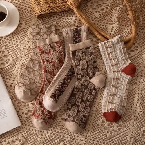 5 Pairs Middle Tube Sock Women Retro Ethnic Lolita Court Style Flower Street Trend Mori Girl Print Breathable Cotton Female Sock