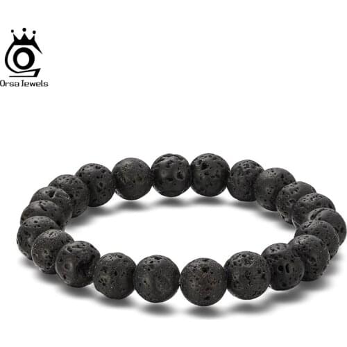 ORSA JEWELS Men Lava Rock Bracelet for Women Natural Stone Bracelet Elastic Rope 8mm Round Beads Bracelet Jewelry Gift GMB27