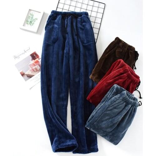 Fall/Winter Thickened Flannel Pajamas Mens Thick Coral Fleece Loose Large Size Home Pants Straight Trousers Bas De Pyjama Femme