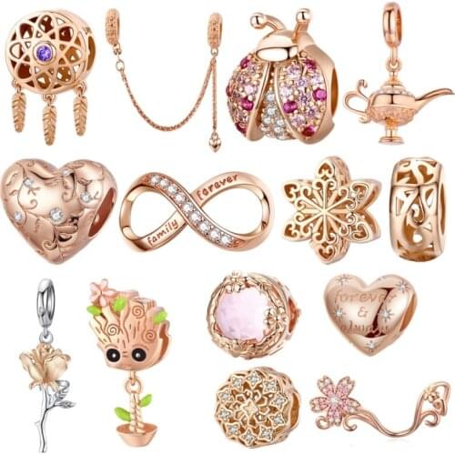 Gold color charms BISAER hot sale 925 sterling silver Ladybug Infinity Rose Flower beads charms Original silver 925 jewelry