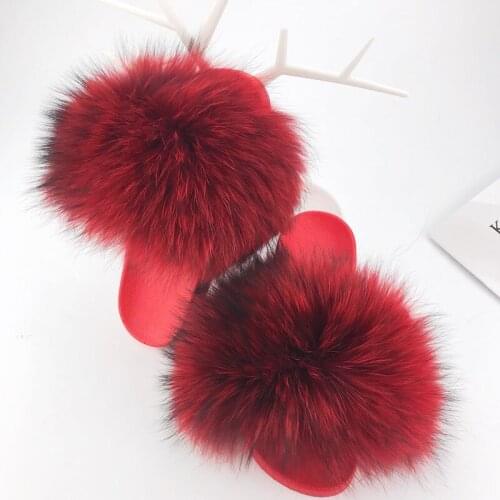 2020 real Red Raccoon Fur Slippers Women Slides Fox Hair Flat Fluffy Fashion Home Summer Big Size Natural Furry Flip Flops Shoes