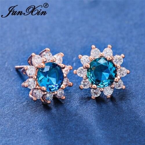 Blue Green Stone Stud Earrings Cute Sunflower Rose Gold Earrings Rainbow Fire Crystal Wedding Earrings For Women Fashion Jewelry