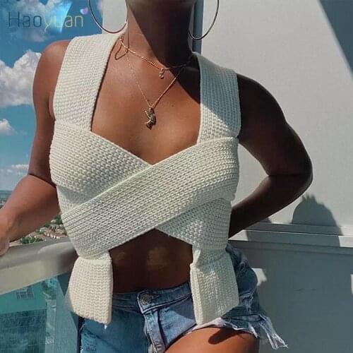 HAOYUAN Knitted Cross Wrap Crop Tank Top Summer Clothes Sexy Y2k Outfits Vintage Tops for Women Spaghetti Strap Clubwear Tops