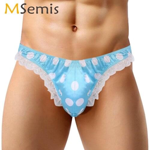 Sexy Sissy Panties Mens Shiny Satin Polka Dot Bikini G-string Briefs Hot High Cut Ruffle Lace Knickers Underwear Gay Micro Thong